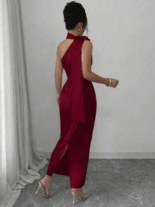 Vestido ajustado elegante y sexy con cuello asimétrico de satén francés, cintura con volantes y flores 3D - Verde - Ver 8