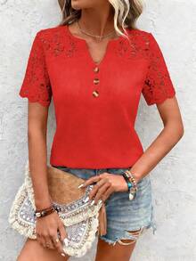 Breezaya Camiseta de verano casual de unicolor con cuello en pico, manga corta y encaje calado - Rojo - Ver 5