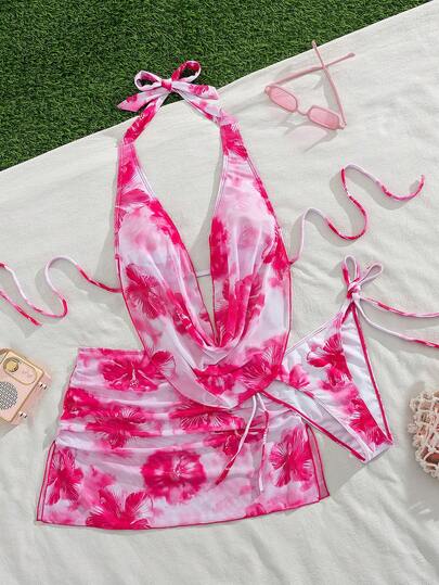 Swim Vcay Set de 3 piezas: Bikini con cuello drapeado, espalda descubierta y triángulo con cordón, talla grande minifalda con volantes y abertura, para vacaciones de verano