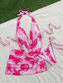 Swim Vcay 3pcs/Set Sexy Floral Draped Neck Backless Drawstring Triangle Bikini Swimwear & Ruffle Slit Mini Skirt, Summer Vacation - Multicolor - View 6