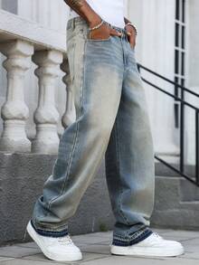 Manfinity EMRG Quần jeans nam dáng suông, thiết kế tối giản, phong cách vintage, kiểu dáng thường ngày, chất liệu wash nhẹ. - Rửa trung bình - Xem 8