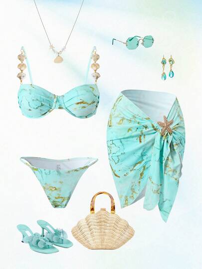 Swim Oasis Summer 3-Piece Women's Beach Set: Marble Print Underwire Bikini Top, Bottoms, And Skirt, Seashell Strap Decor, Gold Starfish Accent, Elegant Beach Outfit