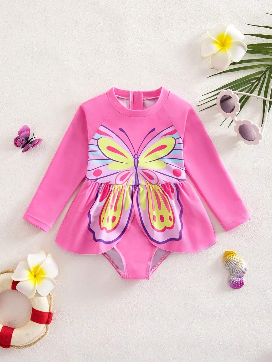 SHEIN Baby Girls' Beachwear One-Piece Swimsuit, Pink Butterfly Print, Long Sleeve, UPF Protection, Zipper Back, Suitable For Swimming, Beach, Pool, Summer Vacation - Pink - View 1