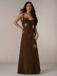 SHEIN BAE 女士休闲度假垂褶领露背系带串珠纹理海星装饰连衣裙，适合海滩度假、姐妹海滩约会、休闲度假、泳池派对，棕色纹理连衣裙，度假连衣裙，海滩派对，度假纹理连衣裙，优雅性感纹理闪亮海鲜装饰连衣裙，棕色连衣裙 - 棕色 - 查看 5