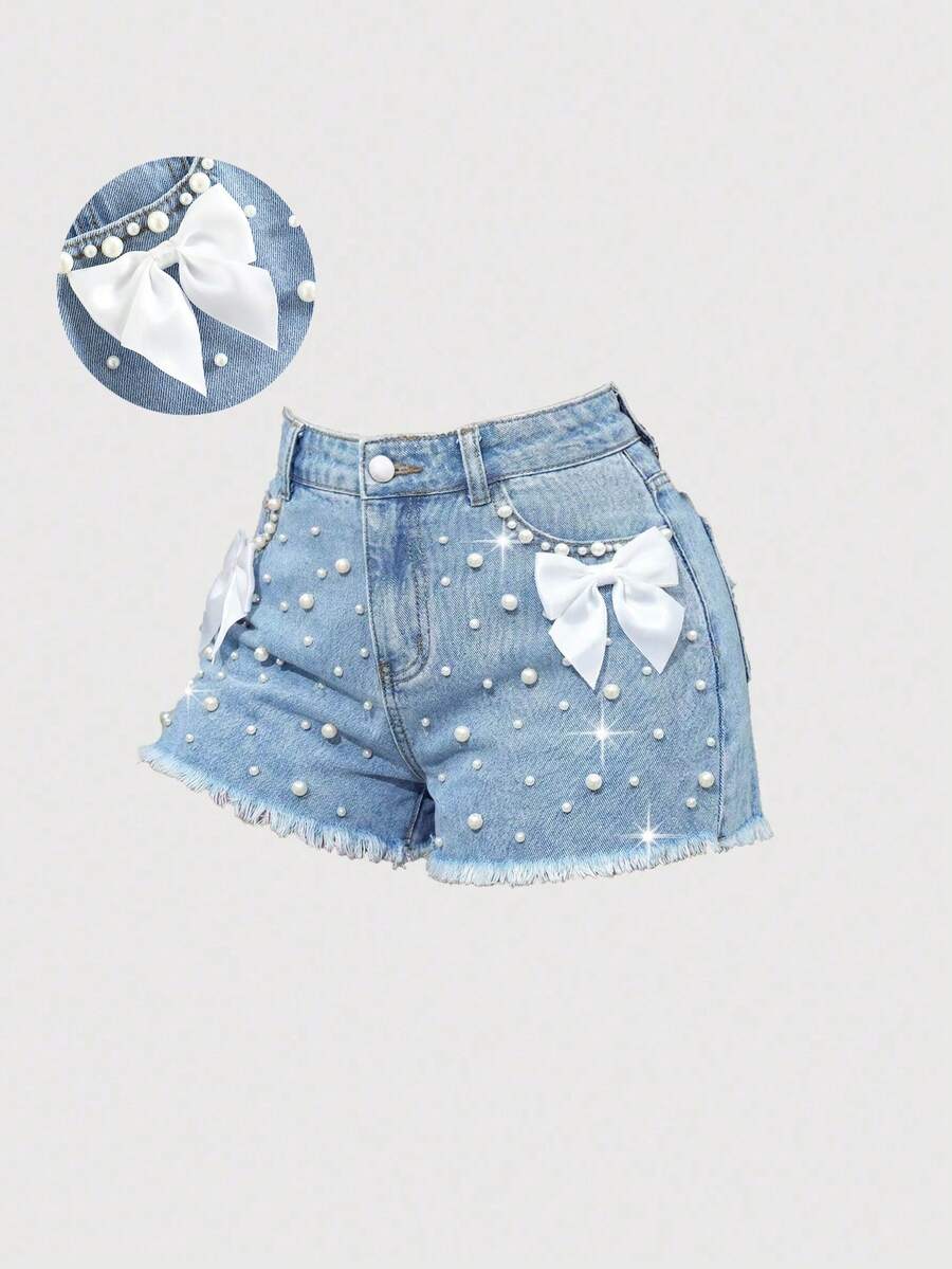 Girlism 少女优雅浅色水洗做旧蝴蝶结牛仔短裤，带口袋插片、仿珍珠和毛边裤脚，适合春夏假期和节日穿着 - 淺色水洗藍 - 查看 1
