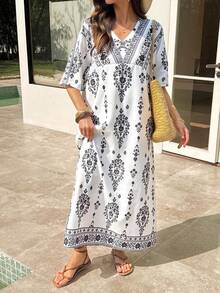 Vivie Lora Women's V-Neck Loose Short Sleeve Floral Print Midi Dress Summer Boho Sun Dresses For Women Vacation Outfits Women - White - View 4