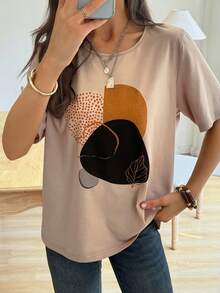 Livesso 女士宽松圆领印花卡其色T恤衫（夏季款） - 卡其色 - 查看 2