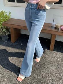 DAZY 女士优雅水洗喇叭牛仔裤，春季必备 - 中等水洗藍 - 查看 4