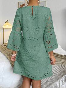 Breezaya Vestido casual de mujer con cuello redondo, mangas acampanadas, bordado y calado con diseño floral - Verde - Ver 2