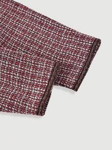 SHEIN MOD 加大码两件套女士粗花呢撞色纽扣套装，长裙套装，女士纯色长袖单排扣优雅粗花呢西装外套，秋冬服装，抛光银色纽扣装饰 - 紅色 - 查看 4