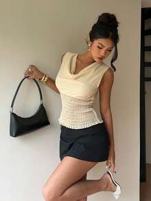 Siren Gaze Women's Draped Neck Pleated Blouse, Summer Casual Top, Ruched Top, Draped Top, Summer Tops Women, Yellow Top - Apricot - View 1