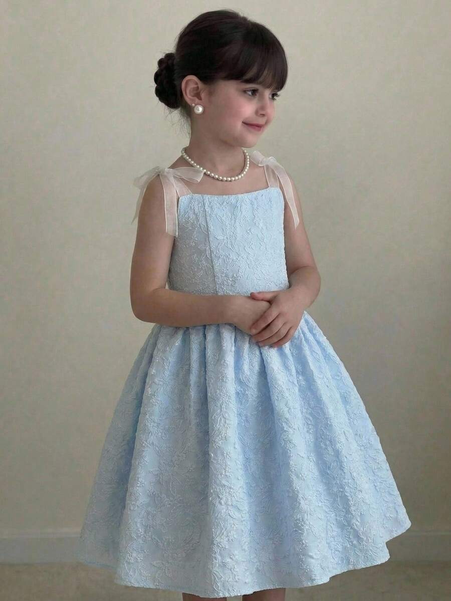 SHEIN Tween Girl Elegant Color Block Spaghetti Strap Peplum A-Line Dress - Baby Blue - View 1