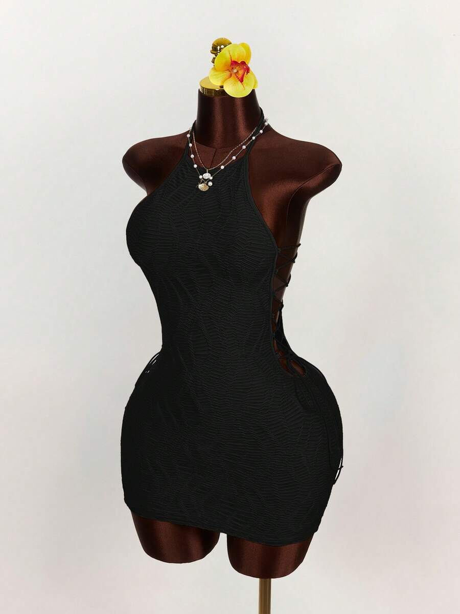 Amplova Cross-Tied Waist Textured Fabric Mini Bodycon Dress,Summer Dresses For Women - Black - View 1
