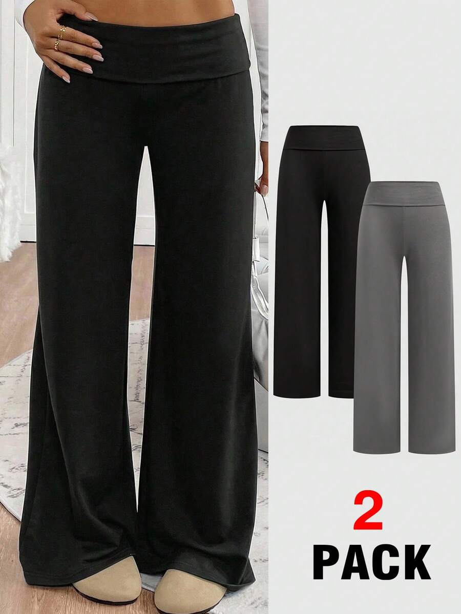 SHEIN 2件套少女黑色和灰色针织翻边阔腿裤，百搭长裤 - 黑色 - 查看 1