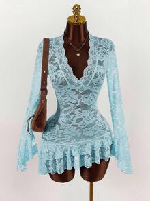 Amplova Vestido mini transparente de estilo hippie de escote bajo para mujer - Celeste - Ver 2