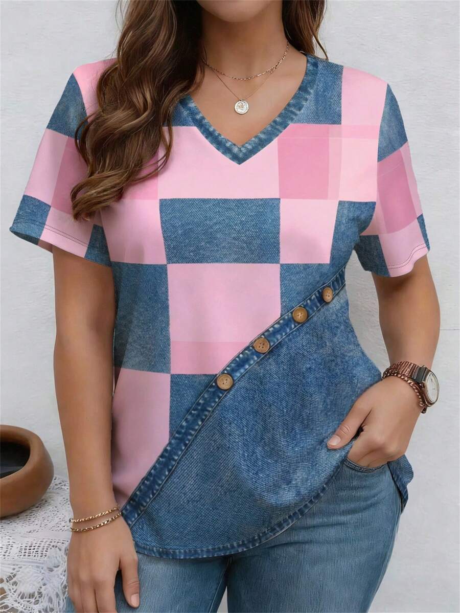 EMERY ROSE Áo thun tay ngắn cổ chữ V phối họa tiết chắp vá, kiểu dáng thường ngày, cỡ lớn, thích hợp cho mùa xuân và mùa hè. - Nhiều màu - Xem 1