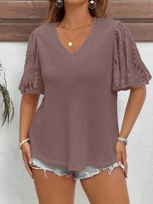 SHEIN Clasi Plus Size Elegant Waffle Knit Patchwork Ruffle Sleeve T-Shirt - Coral Pink - View 5