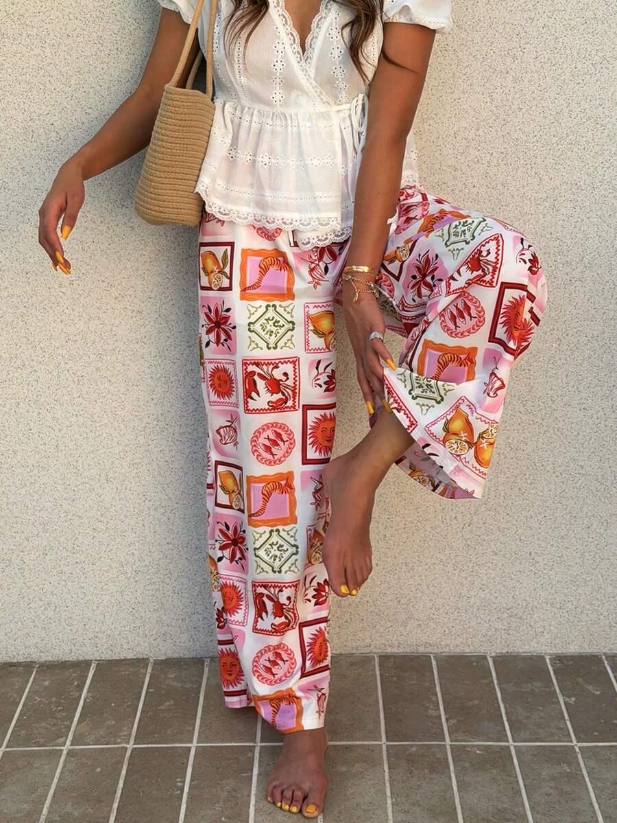 EMERY ROSE 女士休闲裤，休闲度假宽松裤，沙滩度假百搭直筒裤，春夏居家旅行百搭宽松舒适裤 - 彩色 - 查看 1