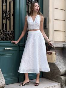 Pariaura Bộ 2 món áo tank top không tay khoét lỗ và chân váy màu trơn cho nữ, váy Cherry, váy dài nữ, váy dài mùa hè, váy trắng thường ngày, váy kiểu Pháp cho nữ, váy cỡ XS cho nữ, váy quấn cho nữ, váy len hai mảnh, váy Wow, váy Zanzea cho nữ, trang phục mùa hè hai mảnh cho nữ, bộ đồ hai mảnh mùa hè cho nữ, trang phục mùa hè khoét lỗ cho nữ. - trắng - Xem 4