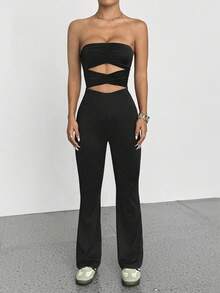 SHEIN Tall 春夏时尚镂空休闲运动针织修身喇叭裤连体裤，适合高个女性 - 黑色 - 查看 7