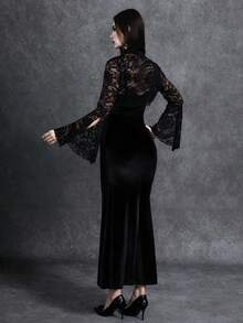 Glisette Dark-Colored Lace-Up Fitted Patchwork Maxi Dress With Lace Bell Sleeve Top - Black - View 3