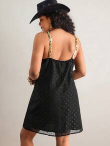 Freevana 大码女式亮片饰边吊带连衣裙 - 黑色 - 查看 2