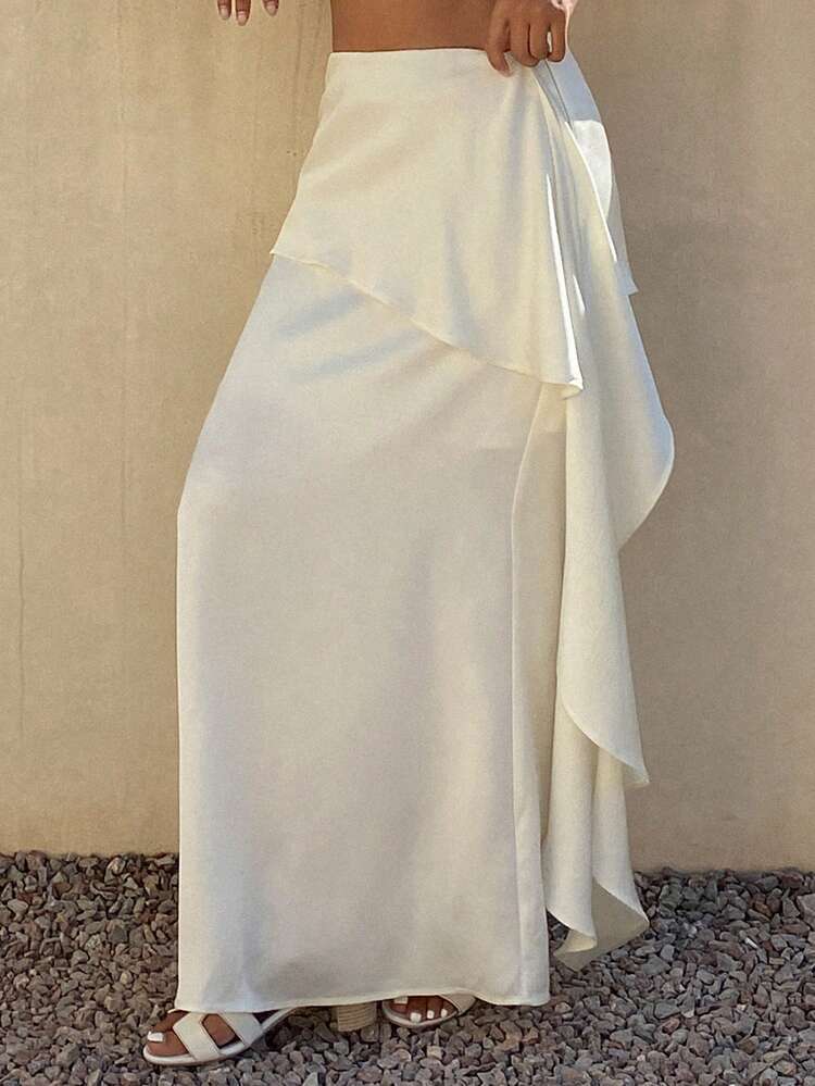 Solid Color Ruffle Hem Elegant Skirt For Women, Suitable For Vacation, Spring/Summer