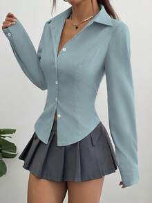 SHEIN Unity 女款灰藍色前扣長袖襯衫，秋季優雅日常上衣，高雅辦公穿搭工作服，正式穿著教師上衣 - 薄荷藍 - 查看 3