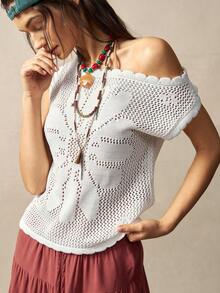 Bohemela 女士船领短袖休闲镂空针织上衣 - 白色 - 查看 3