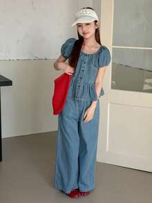 DAZY 少女休闲度假日常通勤圆领泡泡袖荷叶边牛仔上衣和阔腿牛仔裤套装，春夏款 - 藍色 - 查看 3