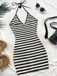 GlowEve Women's Summer Backless Bow Tie Decor Fitted Striped Mini Dress - Black and White - View 2