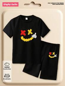 SHEIN GraphicGems Teen Boys' Cartoon Printed Short Sleeve T-Shirt And Shorts 2pcs/Set, School, Campus, College - Black - View 1