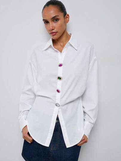 Maija Women's Long Sleeve Shirt With Rhinestone Decoration