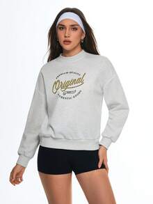 Eassivo 女士休闲字母图案圆领落肩卫衣，秋季款 - 米色 - 查看 3