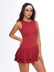 CourtClass CourtClass Women's Dark Red Summer Athletic Tennis Dress,Sleeveless Layered Ruffle Hem Skirt,Stretchy Sports Mini Dress With Leggings Shorts Set For Golf,Yoga - Red - View 4