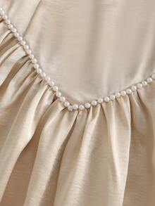 GlowEve Women's Sleeveless Waist-Cinched Pearl Ribbon Decor A-Line Dress, Suitable For Dates, Parties, Outings, Solid Color, Champagne, Lustrous Fabric, Elegant Long Dress - Champagne - View 5