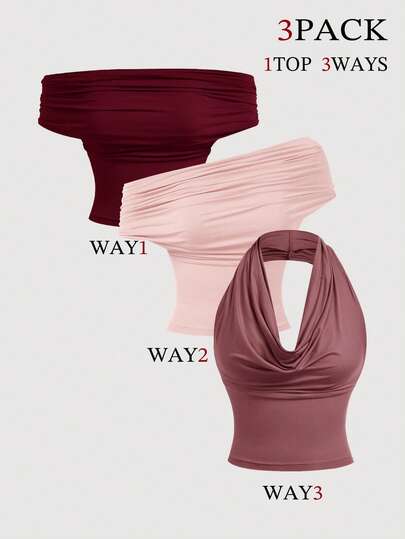 SHEIN MOD Set de 3 camisetas de tirantes plisadas de unicolor, versátiles y elegantes para el verano