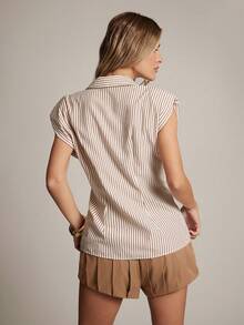 Hauture Women's Shirting Stripe Button Front Sleeveless Blouse Office Wear - Multicolor - View 2