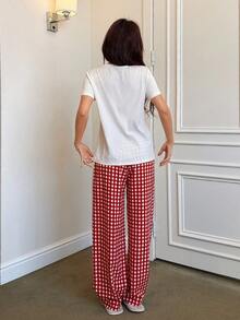 SHEIN Napfluff Cute Bow Embroidered Top & Plaid Pants Women Pajama Set - Multicolor - View 2