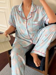 Napfluff CURVE 泡泡褶皱印花翻领开衫短袖睡衣套装 - 彩色 - 查看 3