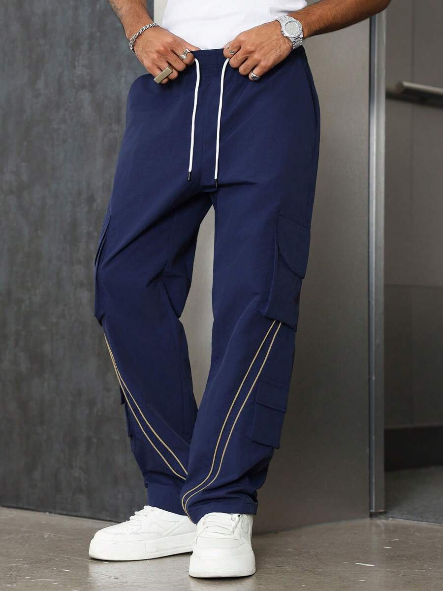 PAVTROS Men's Straight Leg Pants, Street Style With Side Rope Decor And Practical Pockets, Suitable For Ins, Streetwear, Hiphop, Navy Blue Fabric, Suitable For All Seasons And Daily Wear, Great Gift For Boyfriend/Husband, Y2K - Navy Blue - View 1