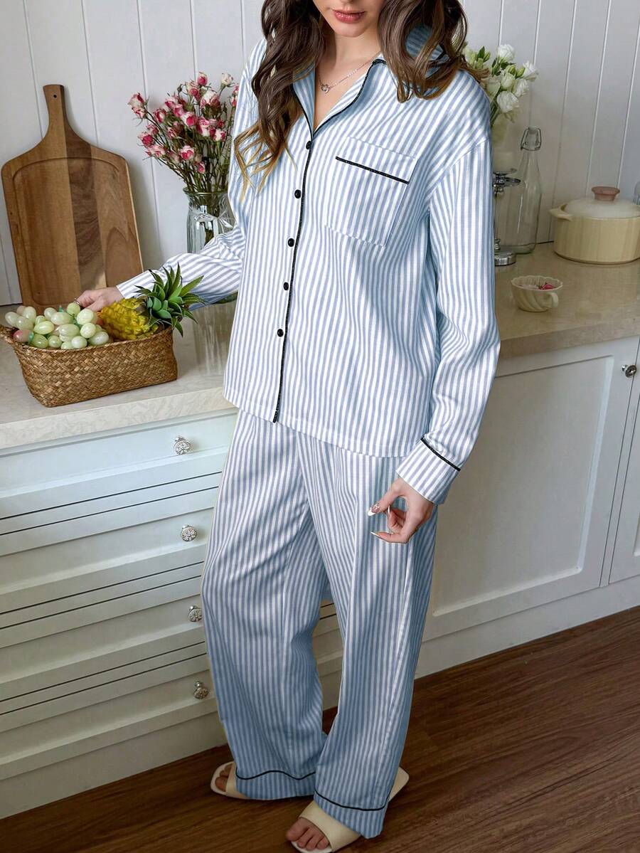 Snug Reverie Minimalist Slouchy Girl Style Yellow Striped Pajama Set, Long Sleeve Top And Pants, Elegant Home Wear, Spring/Autumn - Blue - View 1