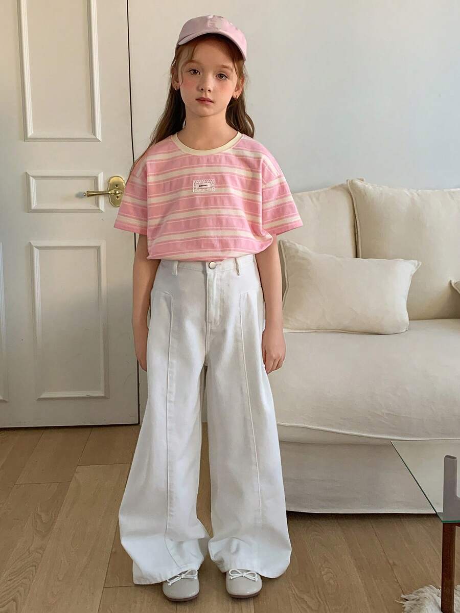 DAZY 少女条纹圆领短袖休闲宽松百搭T恤 - 粉色 - 查看 1