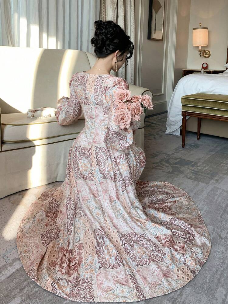 Spring Women's Elegant Floral Lace Patchwork Square Collar Petal Sleeve Long Dress,Wedding Guest Dress Women Sundress