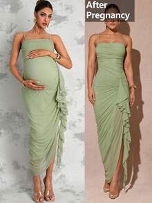 MaterniChic Maternity Summer Sage Green Elegant Party Pregnant Spaghetti Strap Ruffle Hem Dress For Photography,Baby Shower,Wedding Guest And Luxury Evening Out - Green - View 1