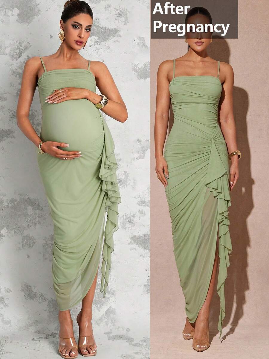 MaterniChic Maternity Summer Sage Green Elegant Party Pregnant Spaghetti Strap Ruffle Hem Dress For Photography,Baby Shower,Wedding Guest And Luxury Evening Out - Green - View 1