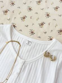 Blusa de manga corta con cuello redondo, botones y tejido acanalado blanco, de ajuste ceñido, para adolescentes, nueva para el verano - Blanco - Ver 8