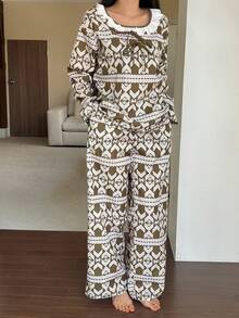 DAZY 几何图案印花荷叶边宽松女士睡衣套装 - 軍綠色 - 查看 5