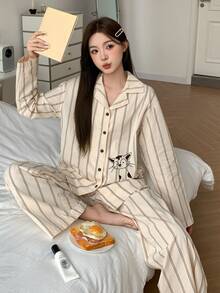 DAZY 条纹猫咪印花宽松女士睡衣套装 - 杏色 - 查看 5