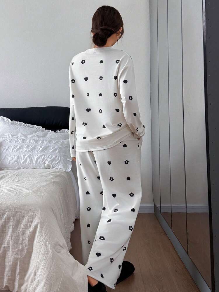 Casual Heart & Floral All-Over Print Loose Women Pajama Set